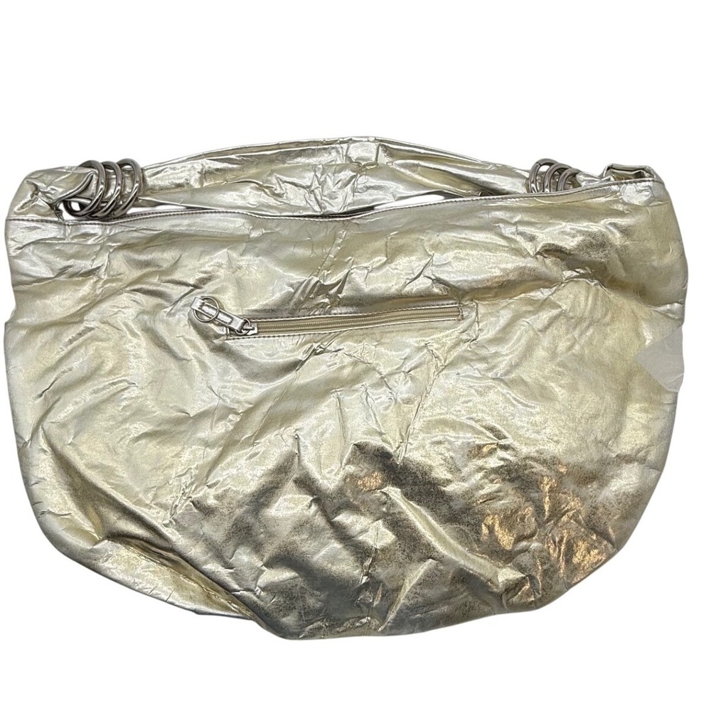 Gold Metallic Hobo Bag Shoulder Bag Large‎ Crinkle Faux Leather Silver Tones